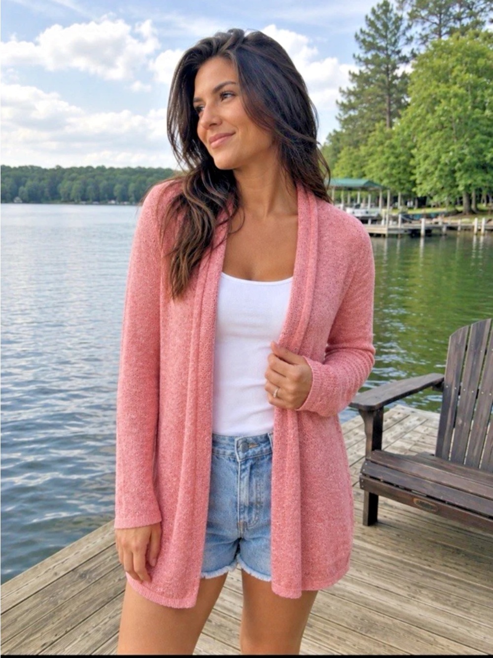 LL Bean Women’s M 100% Cotton Open Front Cardigan Sweater Pink Coral